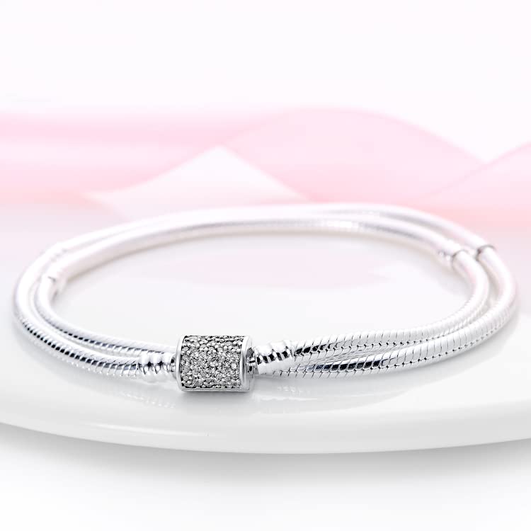 KUNSIR 925 Sterling Silver Double Loop Snake Chain Bracelet with 5A Cubic Zirconia Compatible with Pandora charms, Christmas Mother's Day2