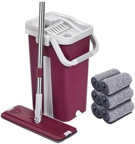 SWISSPACK Superior Sturdy And Strong Floor Mop and Bucket Set Easy and Simple Squeeze Bucket, Flat Mop with 6-Pack Replacement Machine Washable Microfibre Mop Pads All Floors Types (Wine)