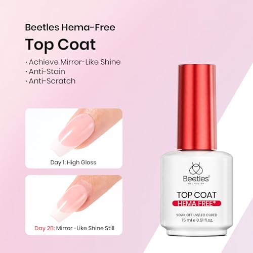 Image of Beetles HEMA-Free 15ml Gel Top Coat and Builder Gel for Nails with Nail Brush, Low Heat Hypoallergenic Clear 8 in 1 Builder High Shine Long Lasting No Wipe Top Coat Nail Polish