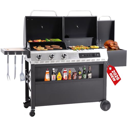 3-Burner Gas and Charcoal Grill Combo with Offset Smoker, 30,000 BTU Dual Fuel Grill, 839 Sq. In. Cooking Area BBQ Grill, Ideal for Outdoor Cooking Patio Backyard Balcony