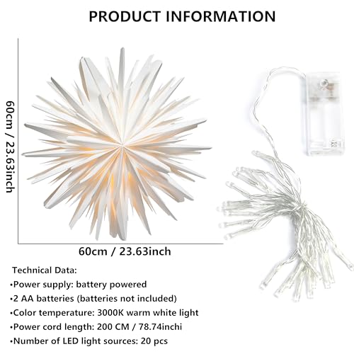 Image of 3D LED Star Paper Lantern - Christmas Decorations Indoor, Twinkle Fairy Lights Window Decor, Holiday Party Hanging Lighted Stars Ornaments, 23.5 inch O White