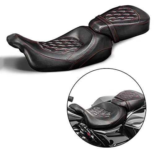 Low-Profile Seats Rider Passenger Pillion Leather Seat For Harley 2009-2022 Touring Road King Ultra Cvo Limited Street Glide Road Glide Models [Two Peice Driver & Passenger Seat, Red Stitching] #TOP7