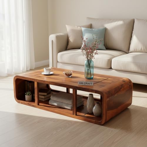 Image of Sheeshsam Wooden Center Coffee Table - Solid Wooden Coffee Table for Living Room - Tea Table Teapoy Center Piece for Home Sofa Center Table for Living Room (Honey, Keith)