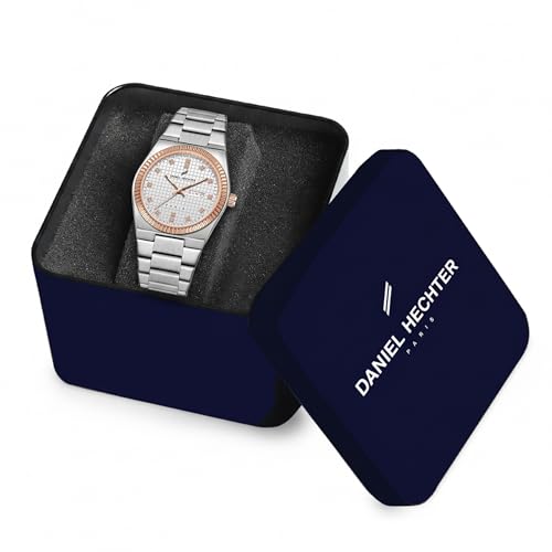 Image of Daniel Hechter Hoche Collection Classic Analog Watch for Men - Textured Dial,Crystal Indices with Fluted Bezel, Date Display and Silver Stainless Steel Strap