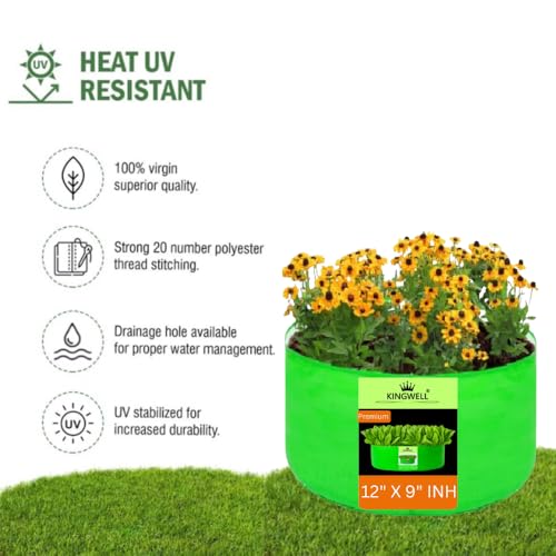 Image of Kingwell grow bags 12x9 inch pack of 8 Grow Bag For Terrace Garden Leafy Vegetable Plant Grow Bags Fruits Growing Containers For terrace Gardening