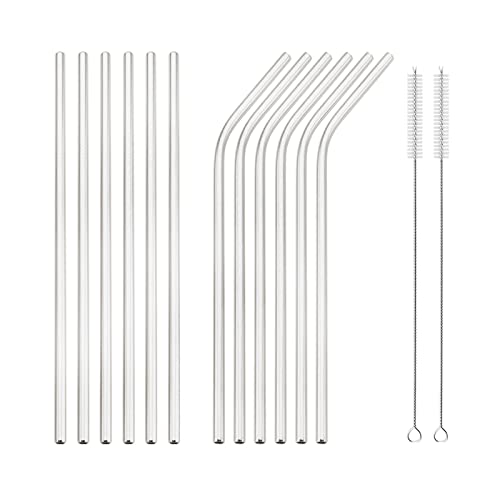 Snplowum 14pcs Straw Set With Clean Brush, Silver 18/10 Stainless Steel Drinking Tool For Restaurant Party Daily Use, Resuable Drinkware Include 6 Straight, 6 Bent, 2 Brush