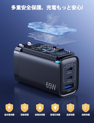 65W PD 急速充電器 type-c 【3台同時に急速充電・小型超軽量・PSE認証済】 usb コンセント usb c 充電器 3ポート 折りたたみ式プラグ 携帯 に便利 GaNIII 高速PD3.0/QC3.0/PPS/SCP規格Type-C/USB-A対応 MacBook/タブレットPC用/ノートpc/iPad/iPhone/Android その他機器対応 タイプC充電器 出張 旅行に最適