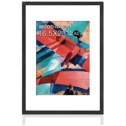 A2 Poster Frame,16.5x23.4 Natural Soild Wood Black Picture Frames with Polished Plexiglass,Easy to Hang,Display Picture A2 without Mat or A3 with Mat for Wall Mounting Horizontally and Vertically Cover