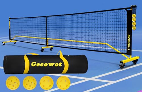 Gecowot Portable Pickleball Net with Wheels, Regulation Size 22 FT & Half Court 11 FT, Steady Metal Frame Pickleball Set for Driveways, Indoor & Outdoor with Ball Holder, Carry Bag,4 Pickle Balls