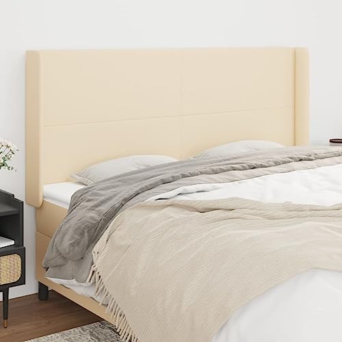 Yunovire Cabecero de cama con orejas, color crema, 163 x 16 x 118/128 cm, tela ajustable, para somier de cama, patas de madera robustas, funda transpirable, dormitorio confort