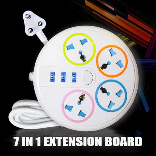 Image of SBF Round 4 Socket Extension Board with 2 USB Ports, Power Switch and 2M Cord | Multi Plug Power Strip for Home, Office, Mobile Charging, Laptop, TV (White(4P 2USB 1C))
