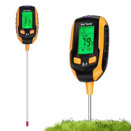 Medidor de Humedad Suelo 4 en 1, Termómetro Digital para Plantas/Humedad del Suelo/Medidor de pH/Intensidad de la luz Solar/Medidor de Suelo con Pantalla LCD para Jardinería, Agricultura y Exterior