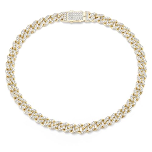 FANCIME 14k Gold Plated 925 Sterling Silver 5MM 8" Cuban Link Bracelet Bling CZ Bracelets Hip Hop Jewelry for Women Men