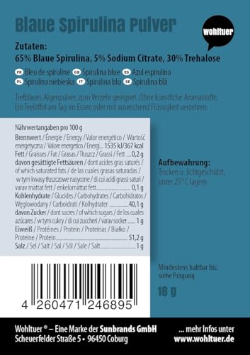 Wohltuer Blaue Spirulina Pulver + Blue Spirulina + Mikroalge + Algen + Natürlicher Farbstoff + Sodium Citrate I Trehalose (1 x 18g)
