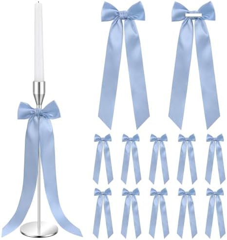 Bows & Ribbons - Teenyyou 12 Pcs Dusty Blue Candlestick Bows Decor 13 Inch Large Coquette Decorations Bows for Table Self Adhesive Candle Holder Gift Wrapping Wedding Bridal Shower Bachelorette Party Centerpieces