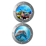 FONDOTIN 2個 海洋動物ウォールステッカー 製 剥がせる海の窓デザイン 壁用マリンテーマ装飾 部屋 寝室 バスルーム対応