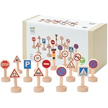 مجموعة ألعاب مونتيسوري الخشبية الخيالية من PlanToys لإشارات المرور والأضواء | أنشطة اللغة المبكرة والمهارات الاجتماعية والتوعية بالعالم الحقيقي | مجموعة تعلم إشارات المرور الصديقة للبيئة للعب الهادف