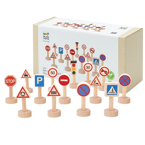 Image of PlanToys Traffic Signs & Lights Wooden Montessori Imaginative Kids Play Set