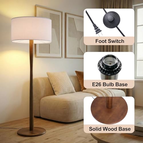 Image of 62 inch Tall Rustic Walnut Wood Floor Lamp with Large Linen Shade, White | Farmhouse Wood Floor Lamp, UL Listed Standing Lamps with Wooden Base for Living Room, Bedroom, Dining Room, Home