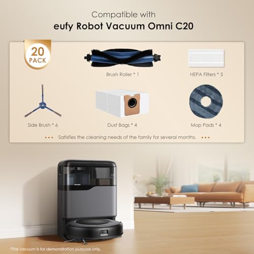 22 PCS Replacement Parts Compatible with eufy Vacuum Omni C20, 6 Dust Bags, 4 Mop Cloth Pads, 6 Side Brushes, 5 HEPA Filters, 1 Main Brush