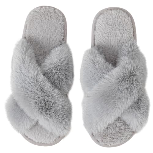 Image of Enteer Women's Slipper Memory Foam Cross Band Fuzzy Slippers Open Toe Cozy House Slippers Cozy Plush Bedroom Indoor Outdoor
