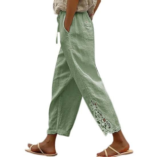 Pantalones de playa de 3/4 de longitud para mujer, pantalones de lino para mujer, pantalones cortos con cordón elástico en la cintura, pantalones capri ligeros de verano con bolsillos, casuales y