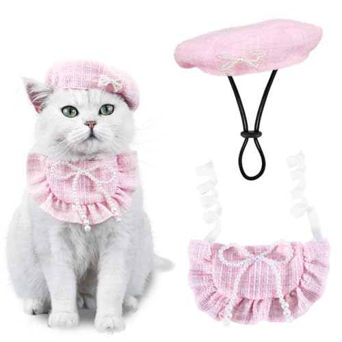 Disfraz para perro y gato 2 piezas con gorro beret y pañuelo rosa