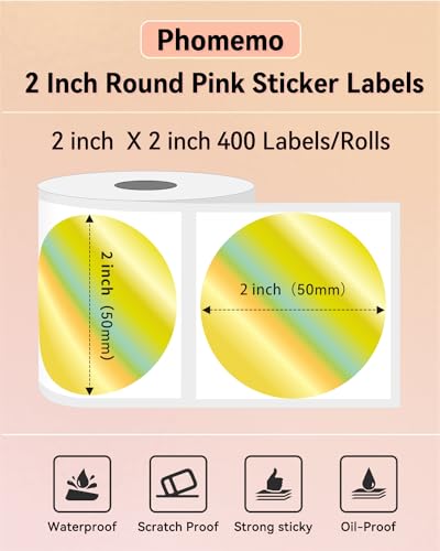 Image of Phomemo 2 inch Circle Thermal Labels, Self-Adhesive Round Direct Sticker Label, Circular Thermal Printer Label for Logo Design, Name Tag, Thanks Card, Address, QR Code, 400 Pcs of Labels /Roll, Laser Gold
