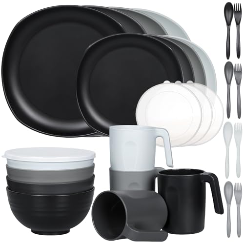 Greentainer 28 pcs Geschirrsets aus Kunststoff | Leichtes und Unzerbrechliches Komplett-Set,Tellerset, Schüsseln,Tassen,Tafel-Service für 4 Person, ideal für Kinder & Erwachsene Wiederverwendbar