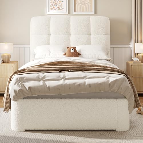 image for DICTAC Twin Size Bed Frame Boucle Bed Frame with Headboard Soft Cloud 