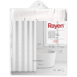 Cortinas 100 Algodon Rayen | Cortinas de Baño | Cortina para Ducha o Bañera | Impermeable | Canvas algodón 100% | Secado Rápido | Opaco | Argollas Metálicas | Incluye 12 Ganchos de Metal | 180 x 200 cm | Blanco