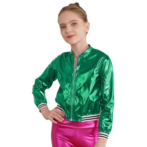 Girls Boys Sequined Metallic Bomber Jacket Hip Hop Jazz Dance Tops Disco Party Zip Up Coat Outerwear