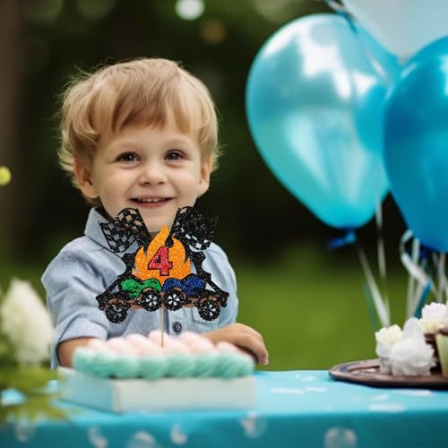Monster Truck 4th Birthday Cake Topper, Big Truck Fast Four Cake Topper for Boys, Racing Car Four Years Old Birthday Cake Decor, Racing Theme 4th Anniversary Party Decoration - Black Glitter