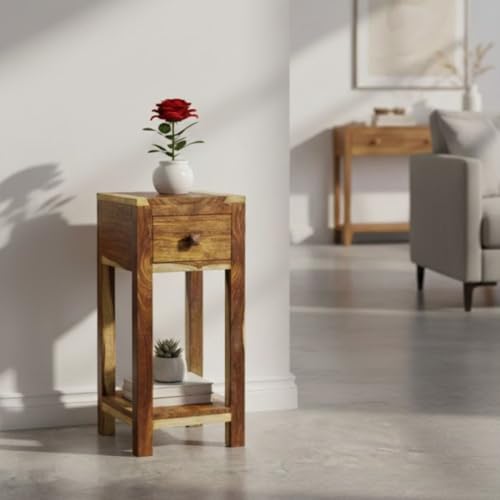 Image of Wood Bedside End Table | Side Table with A Drawer for Home Decor | Living Room | Single Table in Brown