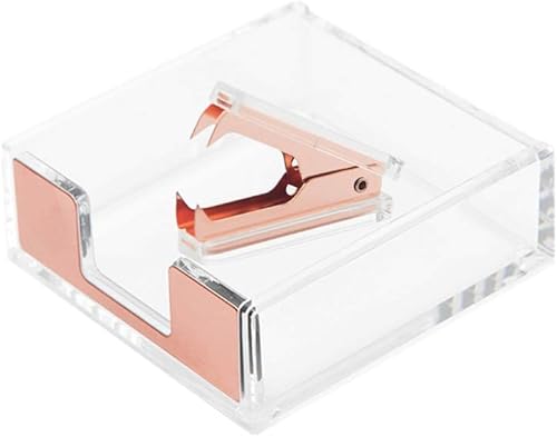 Soporte de cubo de notas autoadhesivas de acrílico transparente de oro rosa  Juego de removedores de grapas dispensador de bloc de notas de