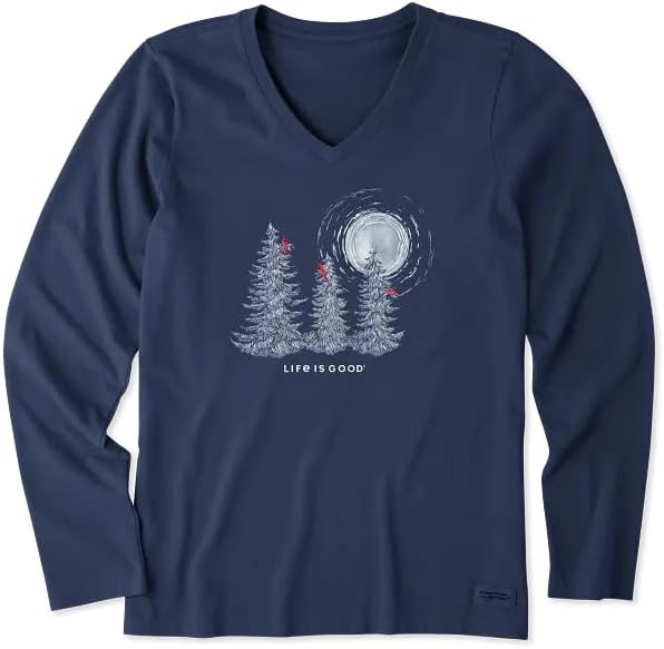 Life is Good. Women’s Snowy Pines with Cardinals Long Sleeve Crusher Vee, Darkest Blue