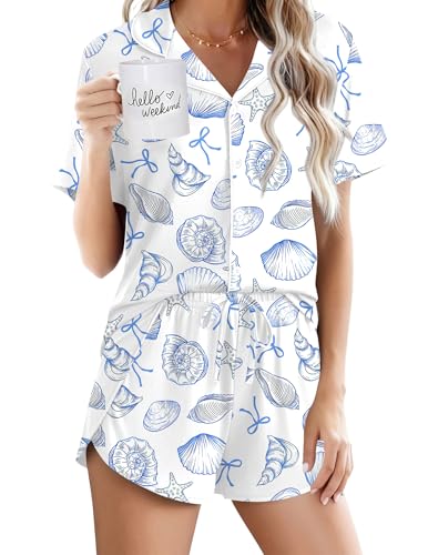 Image of Ekouaer Pajamas for Women Set Button Up Sleepwear 2 Piece Pjs Lounge Set Short Sleeve Nightwear