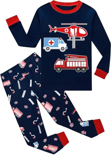 EULLA Kinder Jungen Schlafanzug Langarm Baumwolle Winter Pyjama Set Feuerwehrwagen Hubschrauber Zweiteiliger Nachtwäsche 7 Jahre alt Größe 122...