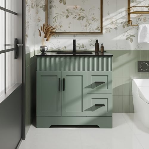 Image of eclife 36 inch Bathroom Vanities Sink Combo with Painted Surface, Modern Drawered Cabinet W /Decorative Wave Lines, Undermount Black White Sink, Matte Black Faucet Drain, Gray Green