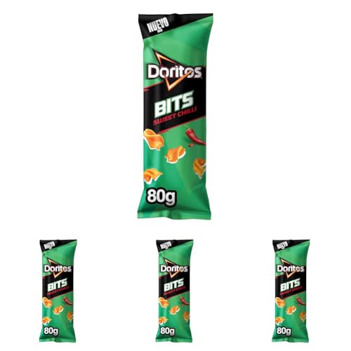 Doritos Chilli snack crujiente sabor chilli con un toque picante, Bolsa individual para picar, 80g (Paquete de 4)
