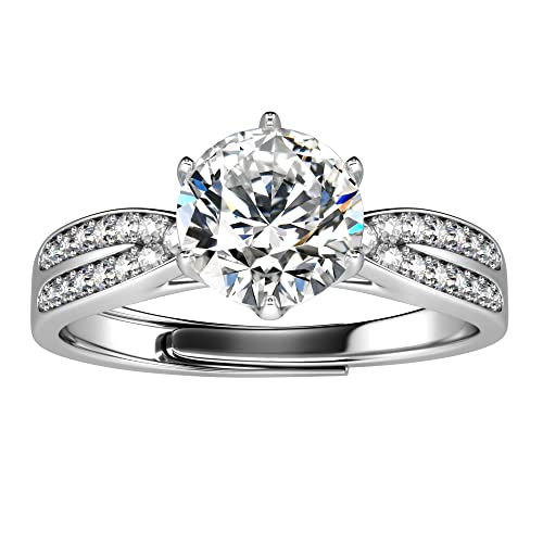 ATESSON S925 Engagement Ring Round 6 Prongs Zircon Diamond Wedding Rings for Women Promise Rings for Her Adjustable Ring(Size 5-10)