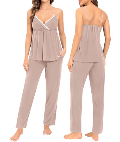 Image of SWOMOG Maternity Nursing Robe Set 3 Piece Breastfeeding Pajamas 3 in 1 Labor Delivery Sleevless Tops&Long Pants Pregnancy Pjs
