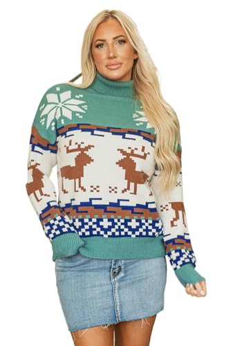 Women's Canton Christmas Reindeer Snowflake Colorblock Turtleneck Sweater
