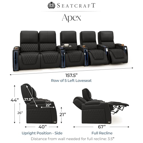 Image of Seatcraft Apex Black Italian Leather Home Theater Seating, Zero Gravity Power Recliner Chair, Powered Headrest and Lumbar Gaming and Lounge Sofa Furniture for Cinema Room, Row of 5 Left Loveseats