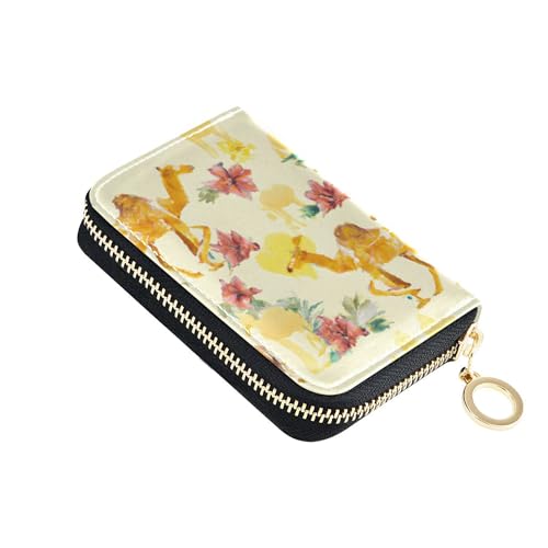 Burbuja Hibiscus Camels Drawing Credit Card Holder for Women Men RFID Blocking, Leather Accordion Zipper Card Case Wallet 11 Slots