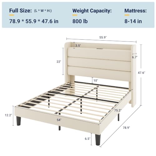 Image of Allewie Full Size Upholstered Bed Frame with Charging Station, Cream