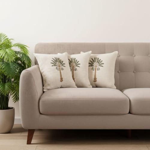 Image of Palm Tree Cotton Jute 3 pcs Cushion Cover Set for Decorative Sofa Throw - 40x40 cm Covers, Beige (3 Cushion Cover, 16x16 Inch)