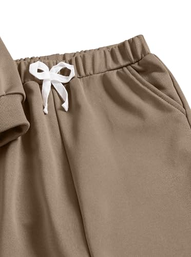 Image of Hilinker Girls 2 Piece Outfits Cute Ruffled Long Sleeve Top and Sweatpants Workout Clothing Set Brown 9-10 Year
