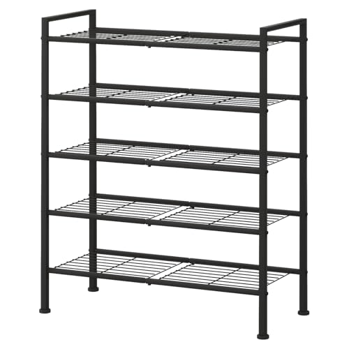 Image of 5-Tier Shoe Rack, Metal Storage Shelves for Closet Entryway, Tall Narrow Unit for Small Spaces, Multi-Purpose Organizer for Bedroom Garage, Easy Assembly, Black