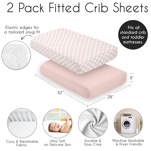 Image of Sweet Jojo Designs 2-Piece Baby Crib Sheets Set (Pink Gingham Checkered Plaid) for Girls, Infant Nursery, Toddler Room - Fitted, Standard Size (Solid Blush and Vintage, Classic, Checkerboard, Retro)
